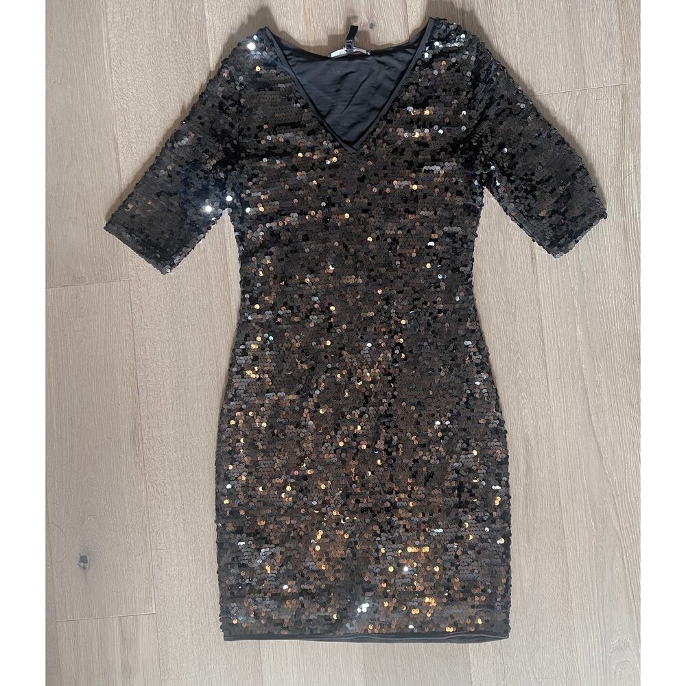 BCBGMaxazria‎ Black Sequin Bodycon Dress Event Cocktail NYE Womens Large